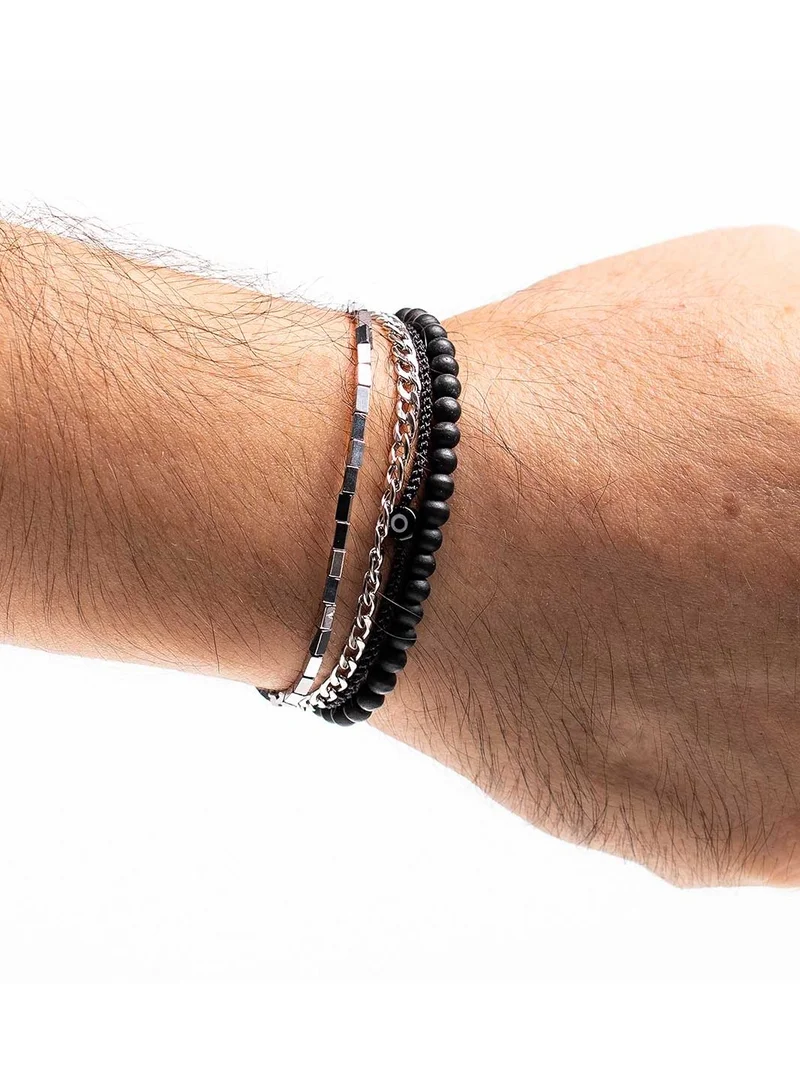 CHRYSOSTOMOS Handmade Adjustable Beaded Multi-Line Bracelet with Onyx Stones, Triangular Hematite Tube and Black Glass Eye