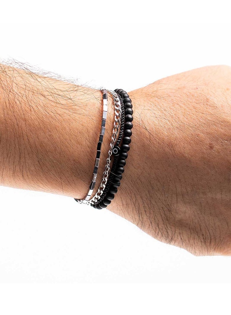 CHRYSOSTOMOS Handmade Adjustable Beaded Multi-Line Bracelet with Onyx Stones, Triangular Hematite Tube and Black Glass Eye - Image 3