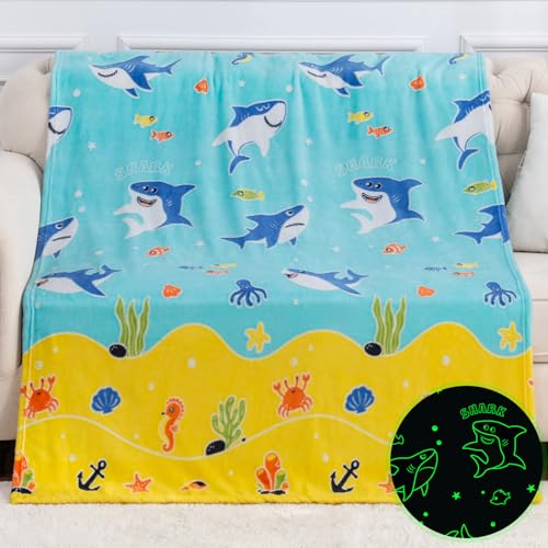 Levens Shark Gifts for Boys Girls - Glow in The Dark Sharks Blanket Christmas Stocking Stuffers for Grandkids Teen Boys Kids 2-14 Years Old Children Toddler Birthday Presents Soft Throw 50"x60" - Image 1