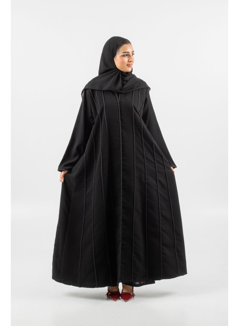 عباية نسائية سوداء بتطريز عمودي مضفر، فستان محتشم فضفاض مع حجاب مطابق - Image 4