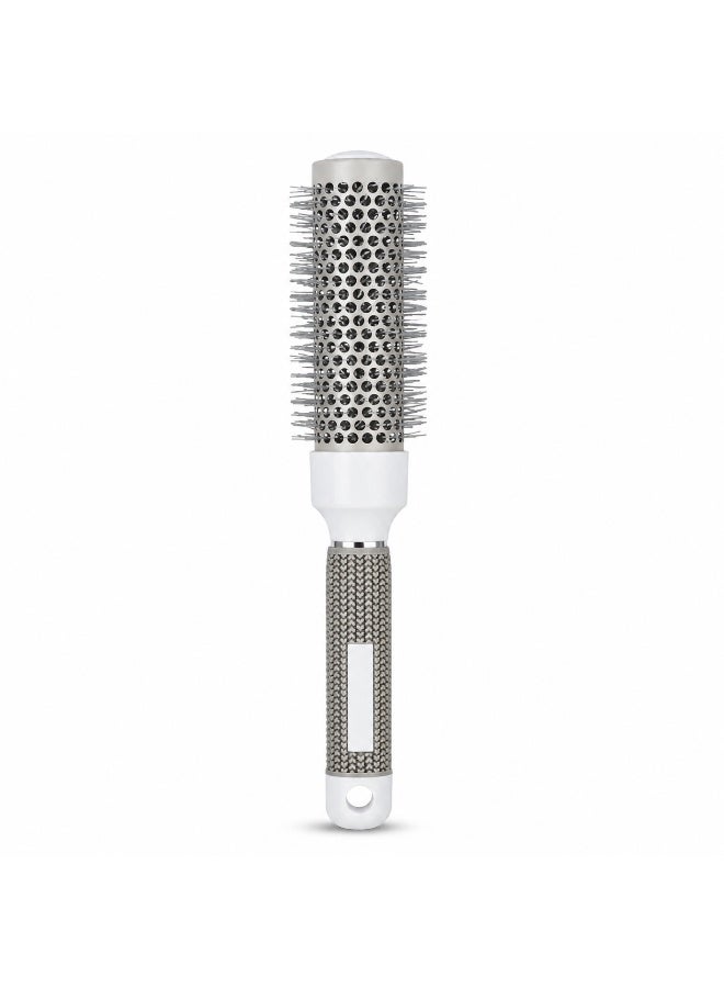25mm Round Blow-Dry Hair Brush with Vented Barrel, Rounded-Tip Bristles and Textured Handle, White and Silver-Tone, 1 Piece - Image 1