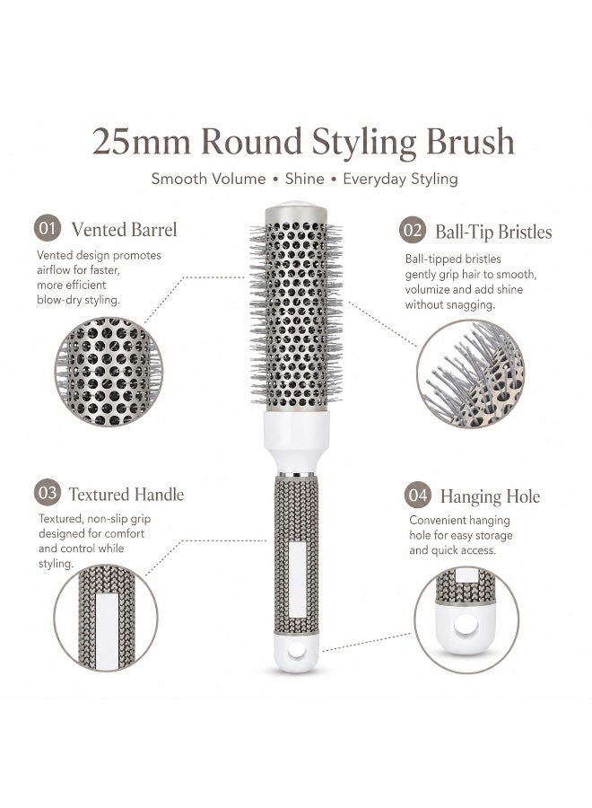 25mm Round Blow-Dry Hair Brush with Vented Barrel, Rounded-Tip Bristles and Textured Handle, White and Silver-Tone, 1 Piece - Image 2