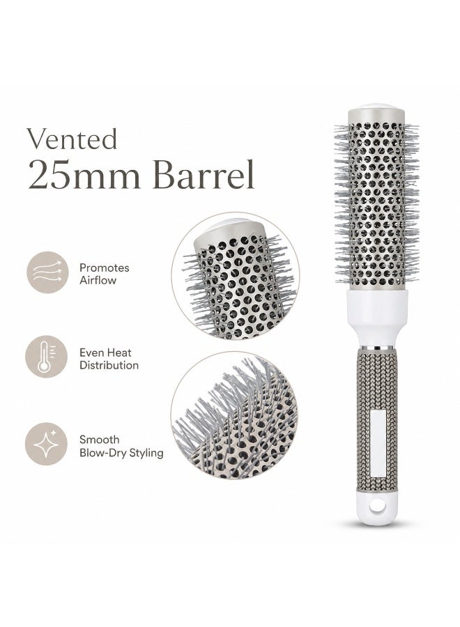 25mm Round Blow-Dry Hair Brush with Vented Barrel, Rounded-Tip Bristles and Textured Handle, White and Silver-Tone, 1 Piece - Image 3