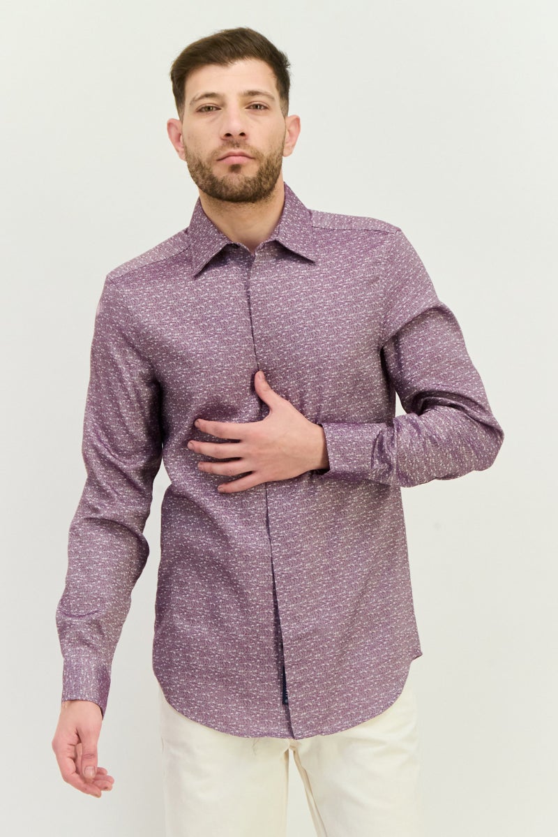 PERRY ELLIS Men Slim Fit Chambray Print  Long Sleeves Casual Shirt, Multicolor - Image 1