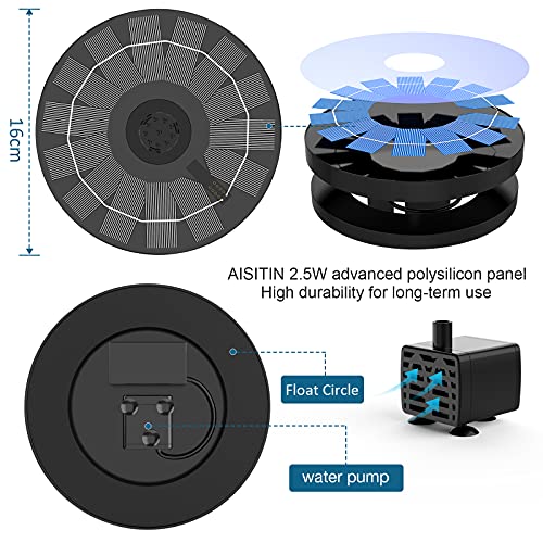 AISITIN مضخة نافورة شمسية AISITIN 2.5W، 6.7" مضخة نافورة مياه تعمل بالطاقة الشمسية لحمام الطيور، مضخة شمسية للنافورة مع 6 فوهات للحديقة، البرك، المسبح، حوض السمك، في الهواء الطلق والأكواريوم - Image 3
