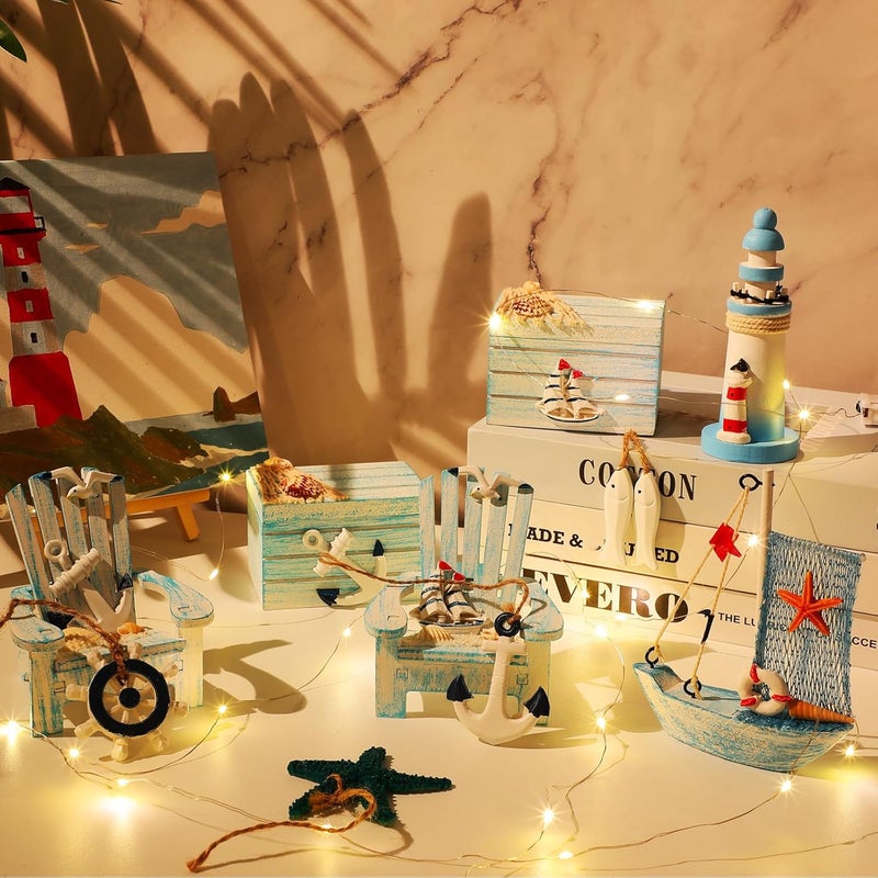 Queekay زينة شاطئ عيد الميلاد قارب شراعي خشبي منارة سمكة نجمة البحر كرسي صغير زينة معلقة لمشهد بحري زينة عيد الميلاد - Image 4