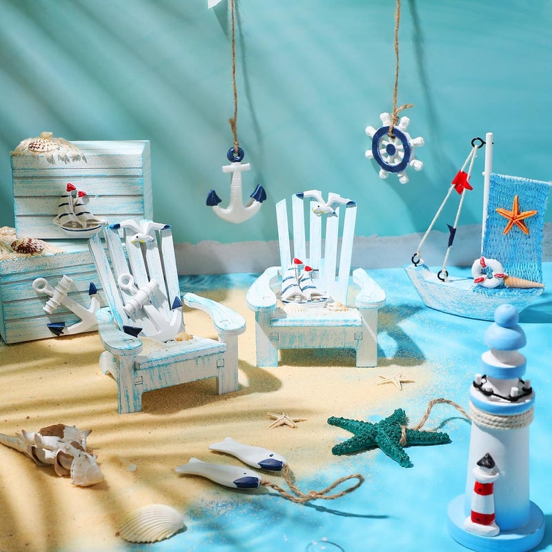 Queekay زينة شاطئ عيد الميلاد قارب شراعي خشبي منارة سمكة نجمة البحر كرسي صغير زينة معلقة لمشهد بحري زينة عيد الميلاد - Image 3