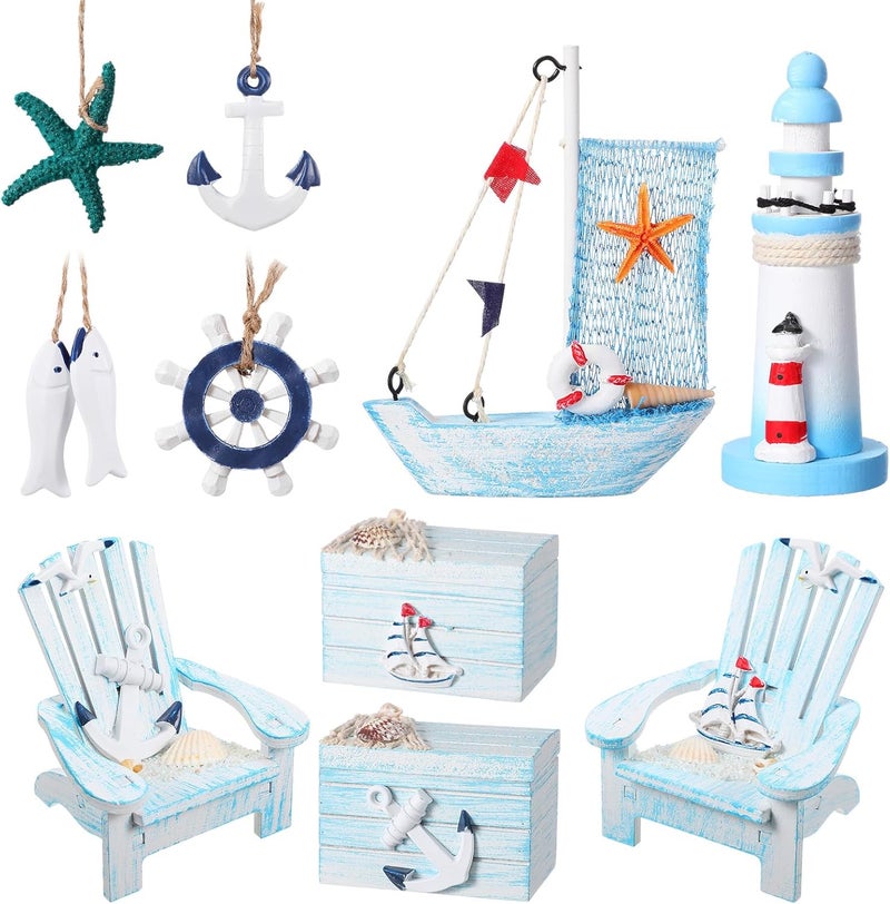 Queekay زينة شاطئ عيد الميلاد قارب شراعي خشبي منارة سمكة نجمة البحر كرسي صغير زينة معلقة لمشهد بحري زينة عيد الميلاد - Image 1