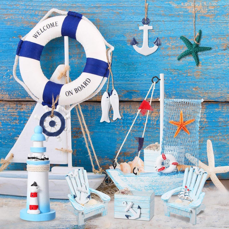 Queekay زينة شاطئ عيد الميلاد قارب شراعي خشبي منارة سمكة نجمة البحر كرسي صغير زينة معلقة لمشهد بحري زينة عيد الميلاد - Image 5