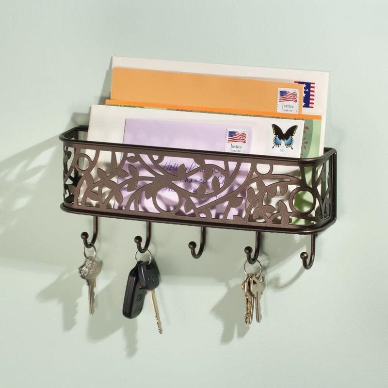 mDesign mDesign Wall Mount Metal Entryway Storage Organizer Mail Sorter Basket with 5 Hooks  Letter Magazine Coat Leash and Key Holder for Entryway Mudroom Hallway Kitchen Office  Bronze  - Image 2