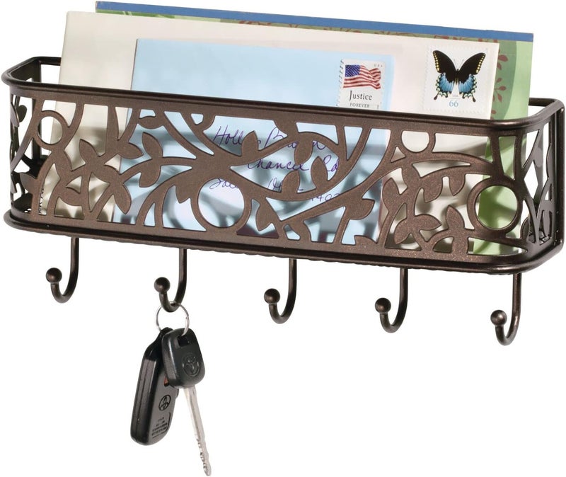 mDesign mDesign Wall Mount Metal Entryway Storage Organizer Mail Sorter Basket with 5 Hooks  Letter Magazine Coat Leash and Key Holder for Entryway Mudroom Hallway Kitchen Office  Bronze  - Image 1