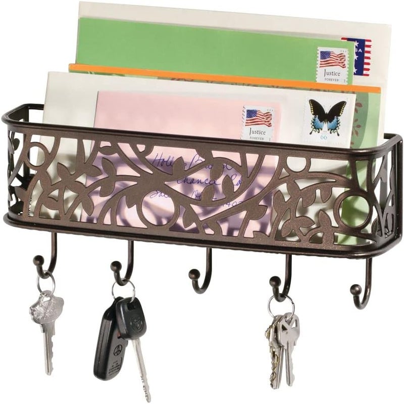 mDesign mDesign Wall Mount Metal Entryway Storage Organizer Mail Sorter Basket with 5 Hooks  Letter Magazine Coat Leash and Key Holder for Entryway Mudroom Hallway Kitchen Office  Bronze  - Image 4