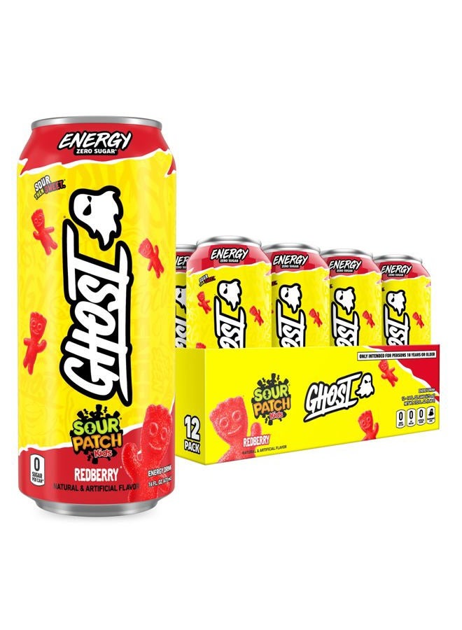 Ghost Energy Drink - 12-Pack, Sour Patch Kids Redberry, 16oz - Energy & Focus & No Artificial Colors - 200mg of Natural Caffeine, L-Carnitine & Taurine - Gluten-Free & Vegan - Image 1