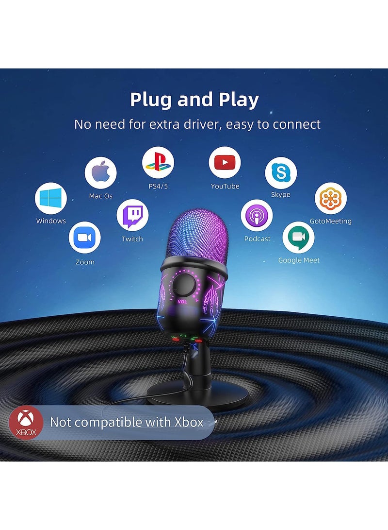 ميكروفون الألعاب، ميكروفون كمبيوتر USB للكمبيوتر الشخصي، ماك، PS4/5، ميكروفون بودكاست مكثف لتسجيل الاستوديو، يوتيوب، البث، مع مقبس سماعة الرأس، ضوء LED، كتم الصوت، الكسب، إلغاء الضوضاء - Image 5