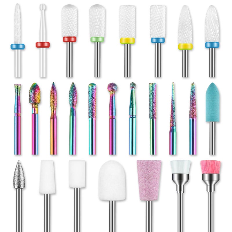 Rolokit 26pcs Nail Drill Bits Set, 3/32inch Professional Ceramic Safety Bits for Nail Drill, Cuticle Efile Nail Drill Bits, Remover Bits for Acrylic Gel Nail Tech Manicure Pedicure, Home Salon - Image 1