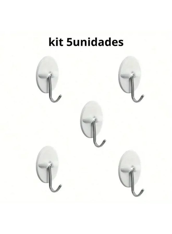 White Plastic Adhesive Wall Hooks Heavy Duty No Drill Removable Backing 5pcs - Image 1
