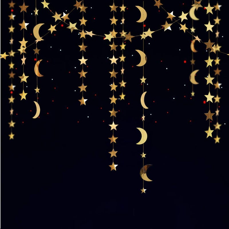 Decor365 Gold Moon Star Garland Ramadan Decorations Twinkle Little Star Two The Moon Birthday Party Decoration Whimsical Decor Starry New Year Eve Banner Hanging Stars Baby Shower EID Muburak Decor