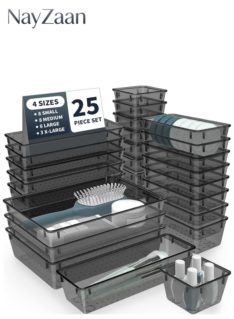 NayZaan Plastic Drawer Organizer Set 25 PCS, Black Desk Drawer Dividers and Storage Bins for Makeup Jewelry Gadgets, Home Office Kitchen Bedroom Bathroom Daily Use - Image 1