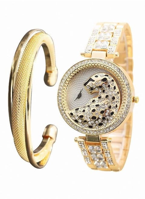 2 Pieces Women's Alloy Strap Bracelet Watch Analog Display Round Dial Quartz Watch with Leopard Head Pattern Decorated with Rhinestones Luxurious Watch Set as Gift for Women