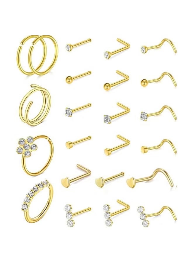 ٢٣ قطعة حلقات وأنوف ذهبية - حلقات أنف بشكل حرف L من فولاذ جراحي مقاوم للحساسية ومجوهرات ثقب بحجم ٨ ملم للنساء والرجال - Image 1