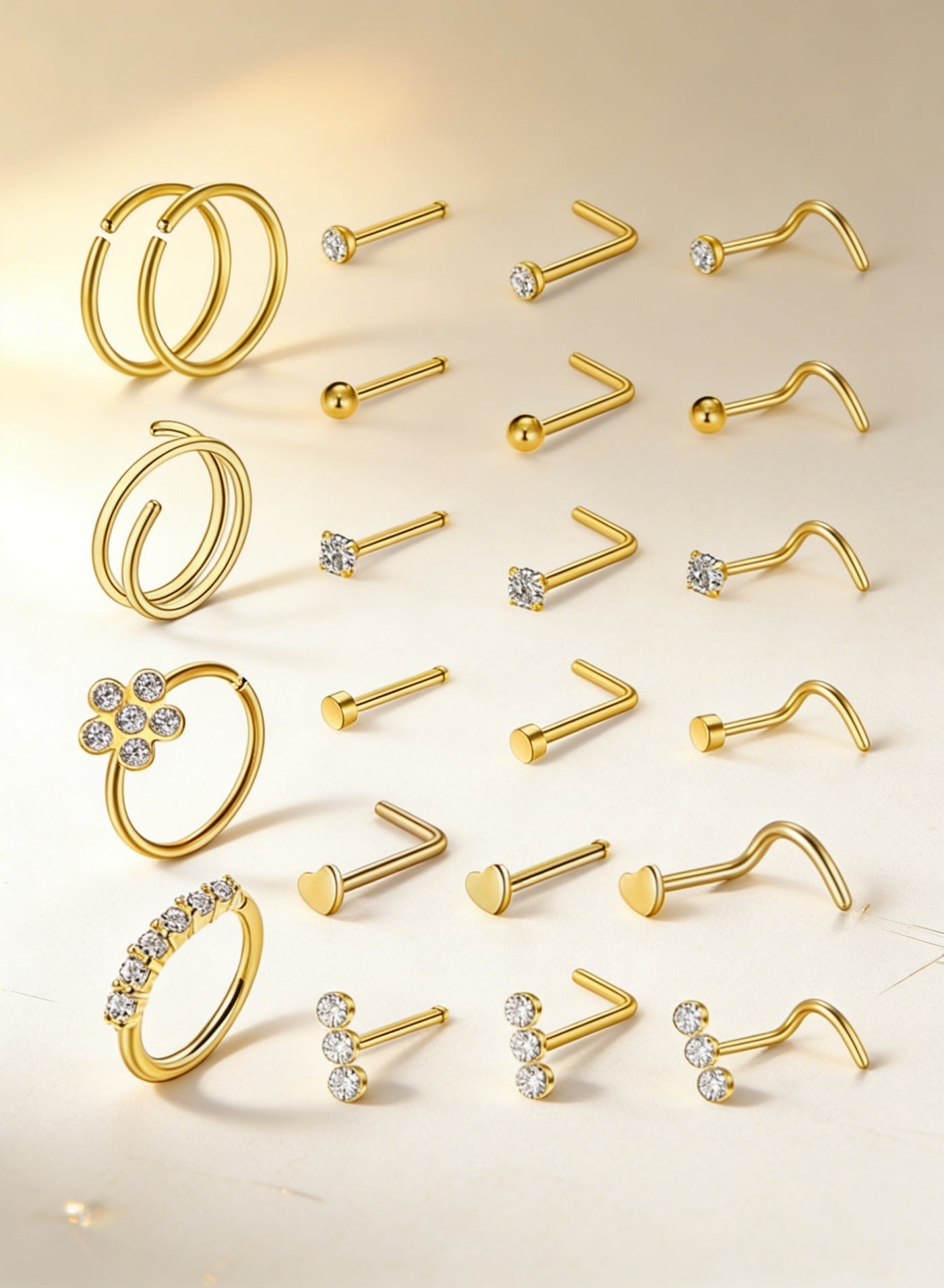 23PCS Gold Nose Rings & Studs - Hypoallergenic Surgical Steel L-Shaped Nose Hoops & 8mm Piercing Jewelry for Women & Men