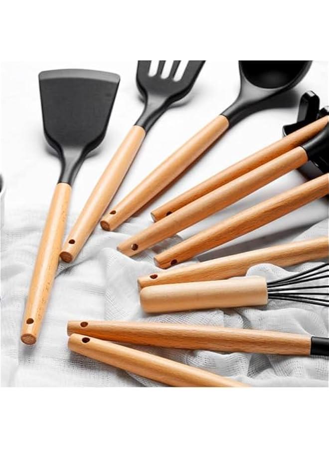 HOOKOR Cooking Utensil Set,Silicone Kitchen Set-13pcs,Wooden Handles Utensils Tool for Nonstick Cookware,Non Toxic Heat Resistant Kitchen Tools Set With Storage Bucket And Lid Rest (Black)  - Image 2