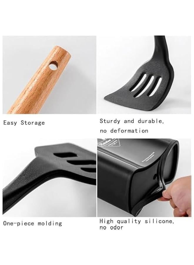 HOOKOR Cooking Utensil Set,Silicone Kitchen Set-13pcs,Wooden Handles Utensils Tool for Nonstick Cookware,Non Toxic Heat Resistant Kitchen Tools Set With Storage Bucket And Lid Rest (Black)  - Image 3