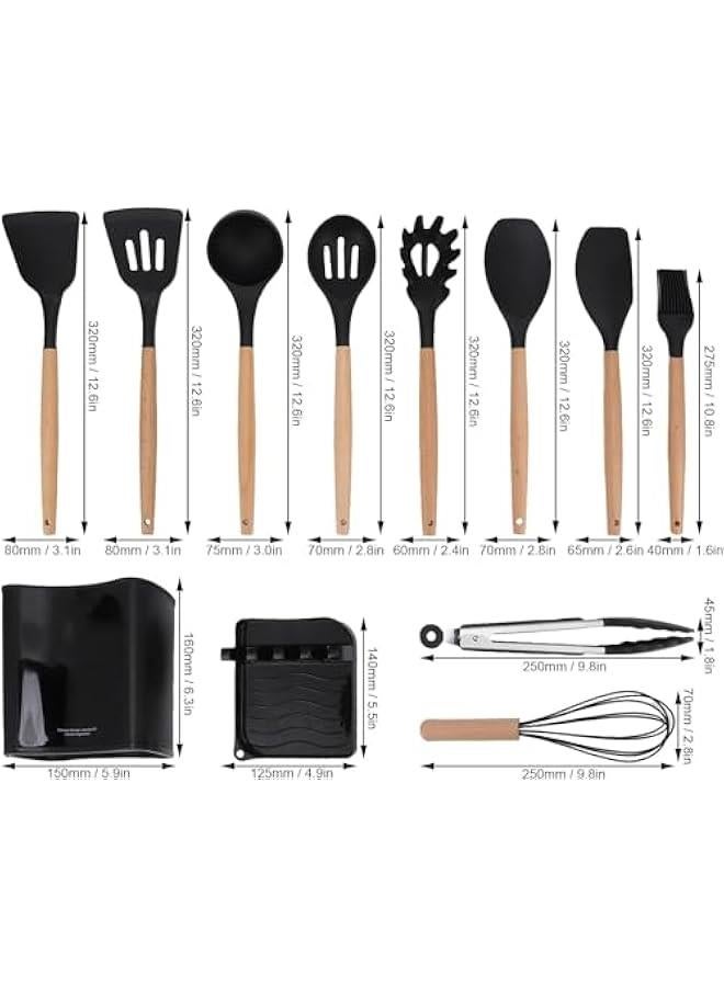 HOOKOR Cooking Utensil Set,Silicone Kitchen Set-13pcs,Wooden Handles Utensils Tool for Nonstick Cookware,Non Toxic Heat Resistant Kitchen Tools Set With Storage Bucket And Lid Rest (Black)  - Image 4