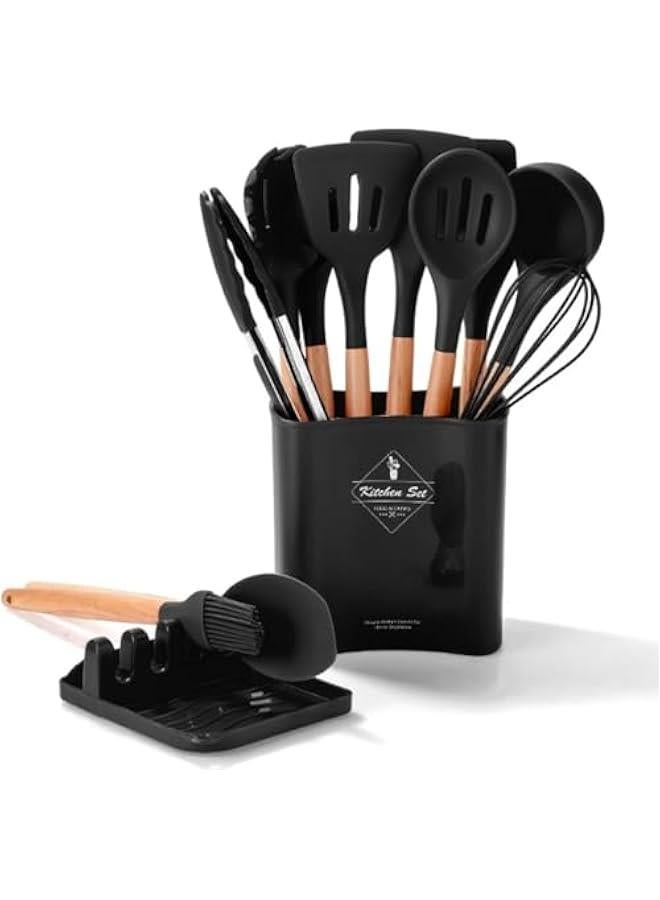 HOOKOR Cooking Utensil Set,Silicone Kitchen Set-13pcs,Wooden Handles Utensils Tool for Nonstick Cookware,Non Toxic Heat Resistant Kitchen Tools Set With Storage Bucket And Lid Rest (Black)  - Image 1