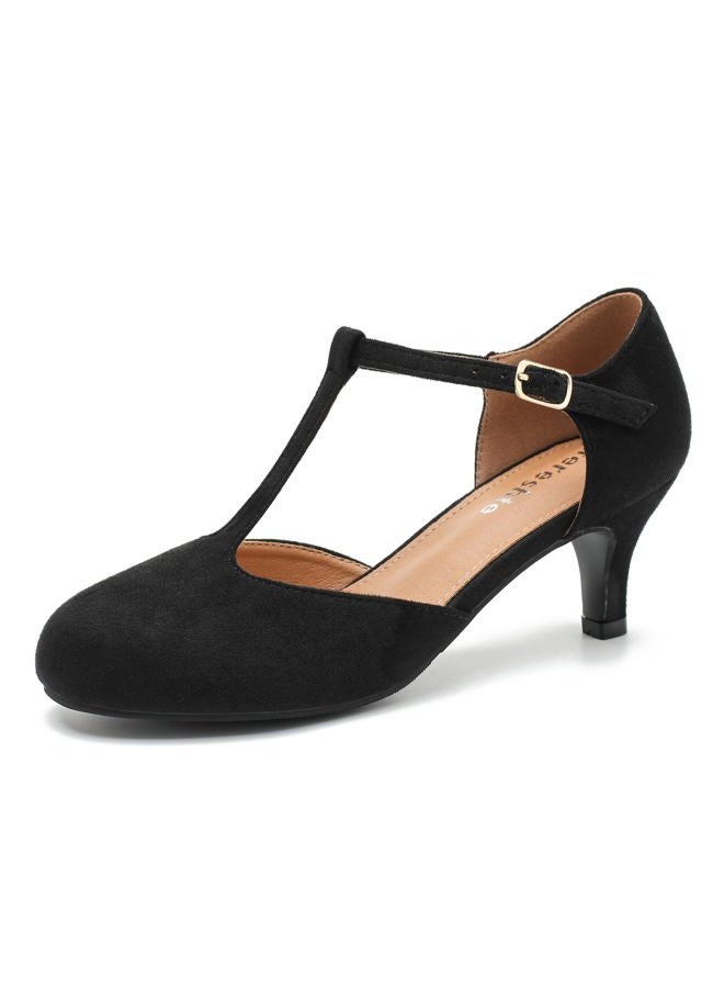 fereshte Women's T-Strap Mary Jane Pumps, Kitten Heel, Closed Toe, Vintage Style, Black Suede, 7 - Image 1