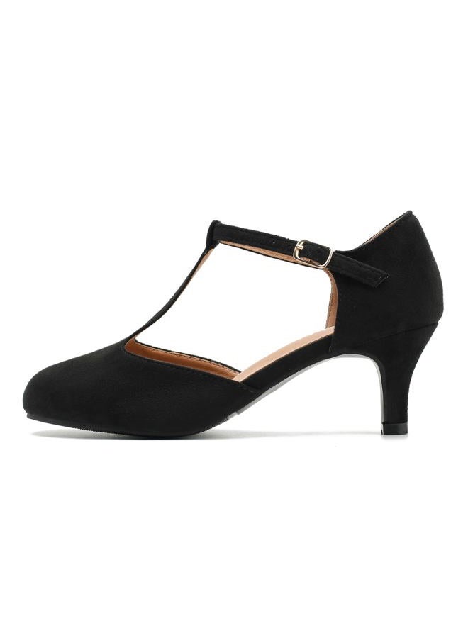 fereshte Women's T-Strap Mary Jane Pumps, Kitten Heel, Closed Toe, Vintage Style, Black Suede, 7 - Image 4