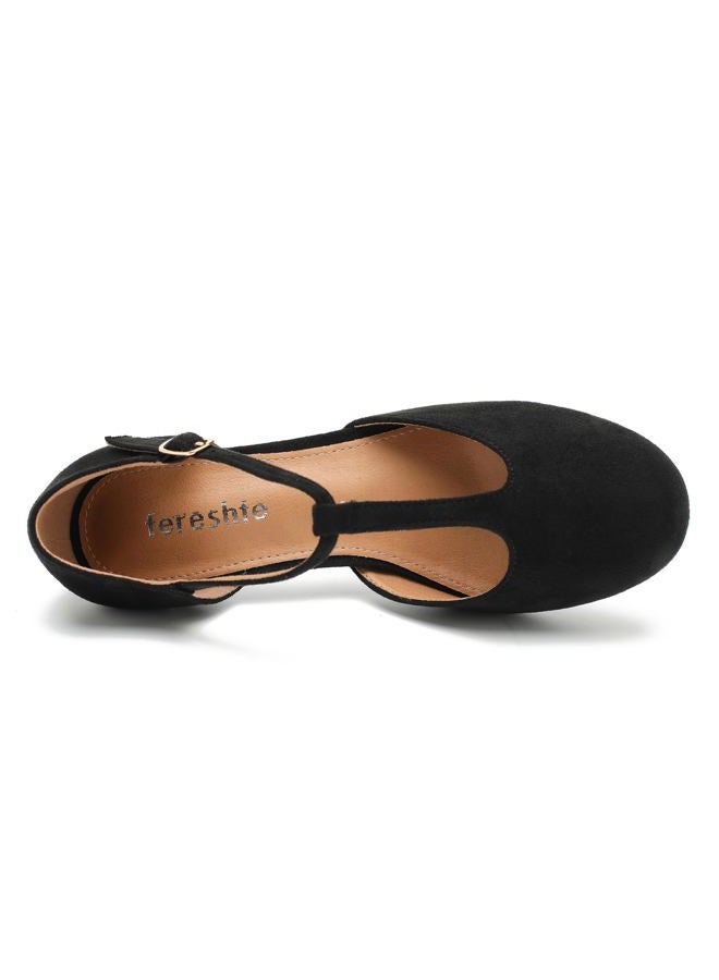 fereshte Women's T-Strap Mary Jane Pumps, Kitten Heel, Closed Toe, Vintage Style, Black Suede, 7 - Image 5