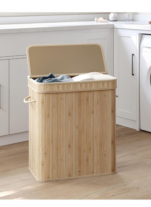 Foldable Laundry Basket,  Bamboo Laundry Bag with Handles, Dirty Clothes Basket for Utility Room, Bedroom, Living Room(Beige)