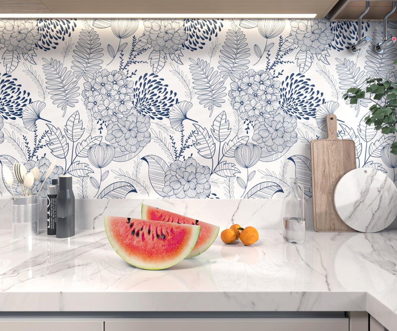 MelunMer Navy Blue Peel and Stick Wallpaper for Bathroom Boho Vintage Floral Leaf Contact Paper for Cabinets and Drawers Laundry Room Wallpaper Stick and Peel,Removable,Waterproof 78.8inL17.3inW - Image 5