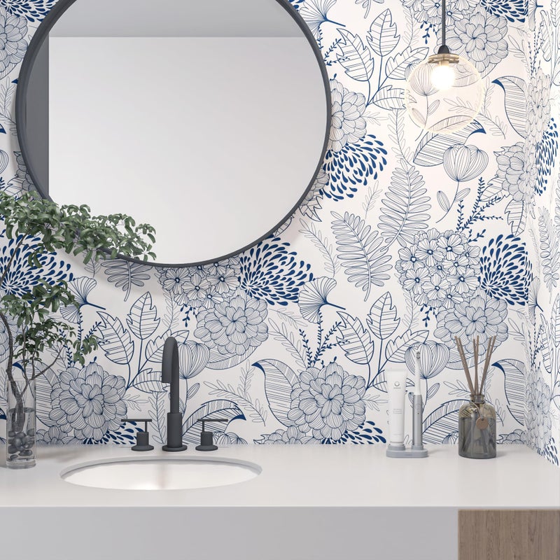 MelunMer Navy Blue Peel and Stick Wallpaper for Bathroom Boho Vintage Floral Leaf Contact Paper for Cabinets and Drawers Laundry Room Wallpaper Stick and Peel,Removable,Waterproof 78.8inL17.3inW - Image 4