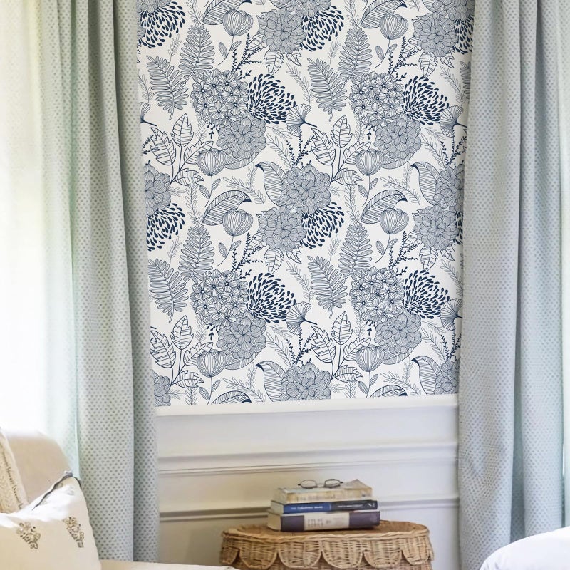 MelunMer Navy Blue Peel and Stick Wallpaper for Bathroom Boho Vintage Floral Leaf Contact Paper for Cabinets and Drawers Laundry Room Wallpaper Stick and Peel,Removable,Waterproof 78.8inL17.3inW - Image 2