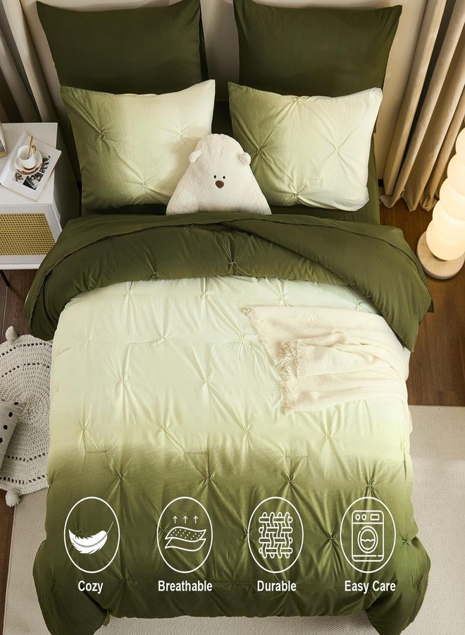 Dinjoy Ombre Comforter Set Queen Size, 7-Piece Bed in a Bag for All Season, Pintuck Colorful Rainbow Bedding Sets with Comforter, Flat Sheet, Fitted Sheet and Pillowcases & Shams, Green - Image 3