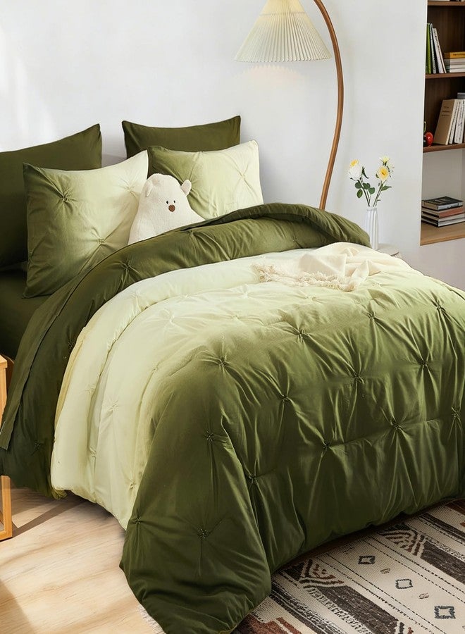 Dinjoy Ombre Comforter Set Queen Size, 7-Piece Bed in a Bag for All Season, Pintuck Colorful Rainbow Bedding Sets with Comforter, Flat Sheet, Fitted Sheet and Pillowcases & Shams, Green - Image 1