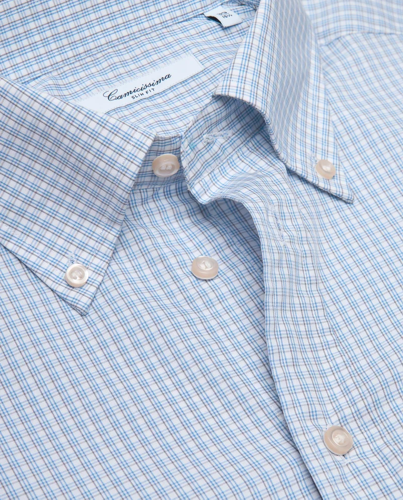 كاميتشسما Checked Light Blue Fancy Poplin Slim Shirt