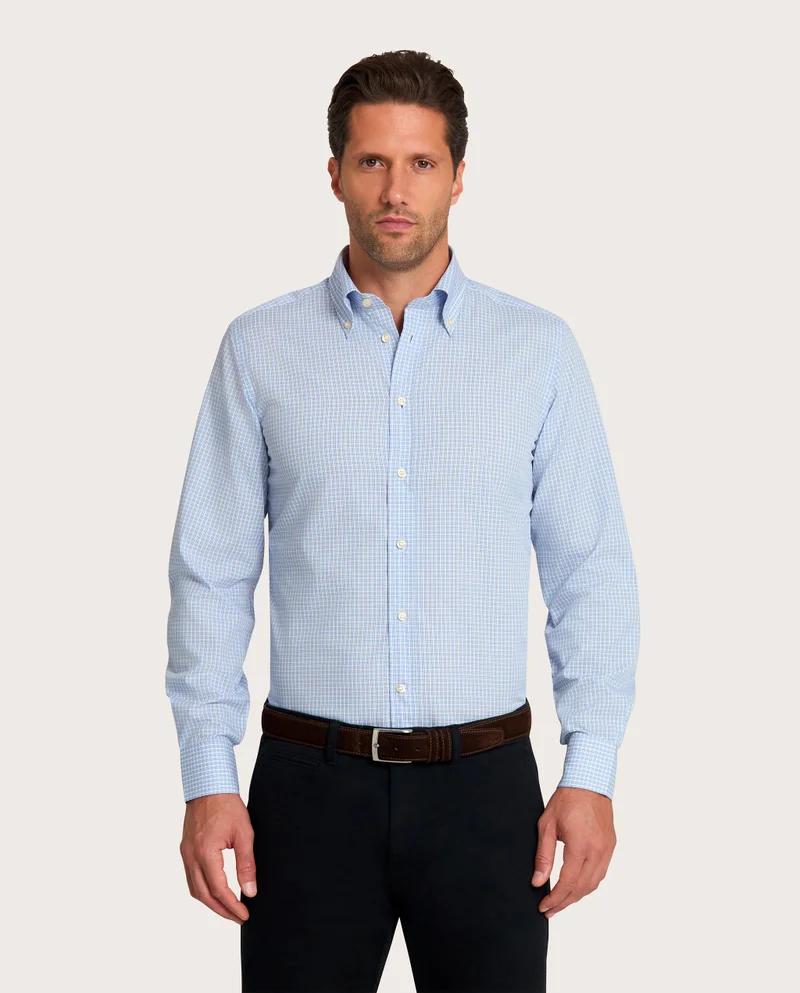 كاميتشسما Checked Light Blue Fancy Poplin Slim Shirt