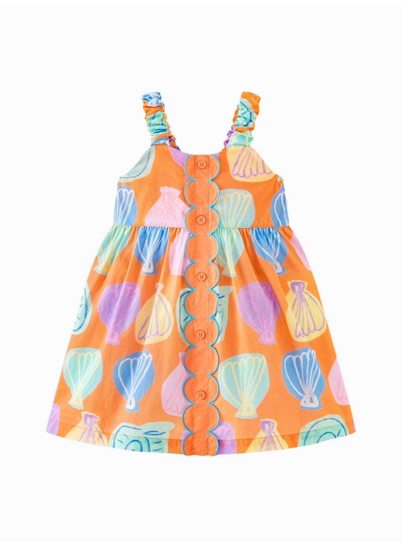 mini bala Girls Vibrant Sleeveless Dress, Soft Breathable Cotton Fabric, Ruffled Straps, Decorative Button Front, Zipper Back, Perfect for Beach Days, Summer Festivals and Casual Outings Children's Dress - Image 4