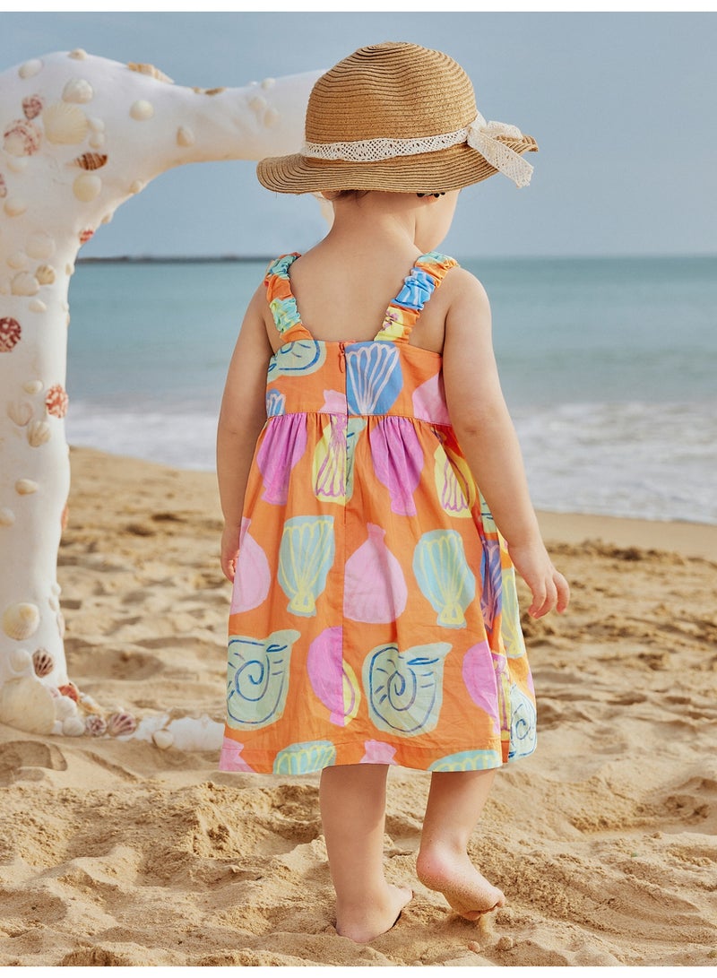 mini bala Girls Vibrant Sleeveless Dress, Soft Breathable Cotton Fabric, Ruffled Straps, Decorative Button Front, Zipper Back, Perfect for Beach Days, Summer Festivals and Casual Outings Children's Dress - Image 3