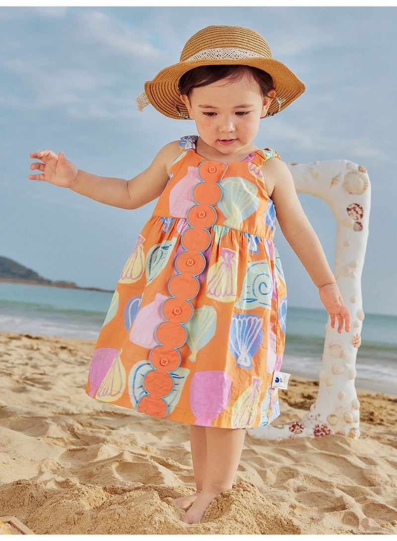 mini bala Girls Vibrant Sleeveless Dress, Soft Breathable Cotton Fabric, Ruffled Straps, Decorative Button Front, Zipper Back, Perfect for Beach Days, Summer Festivals and Casual Outings Children's Dress - Image 2