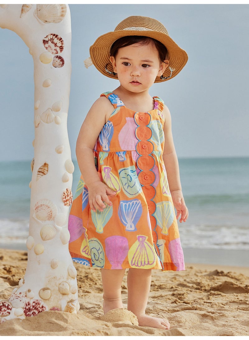 mini bala Girls Vibrant Sleeveless Dress, Soft Breathable Cotton Fabric, Ruffled Straps, Decorative Button Front, Zipper Back, Perfect for Beach Days, Summer Festivals and Casual Outings Children's Dress - Image 1