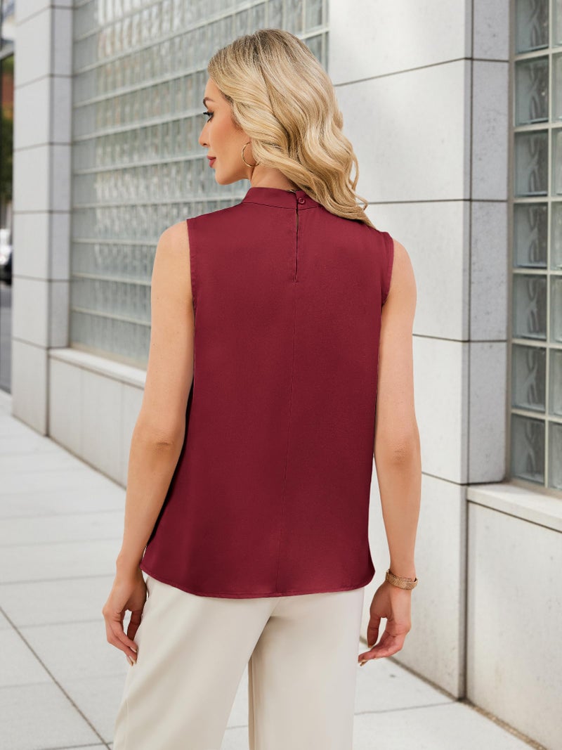 Funlingo Silk Satin Tank Tops for Women Spring Sleeveless Dressy Casual Tunic Blouse Ladies Trendy Work Shirt Business Outfits Wine Red XL - Image 4