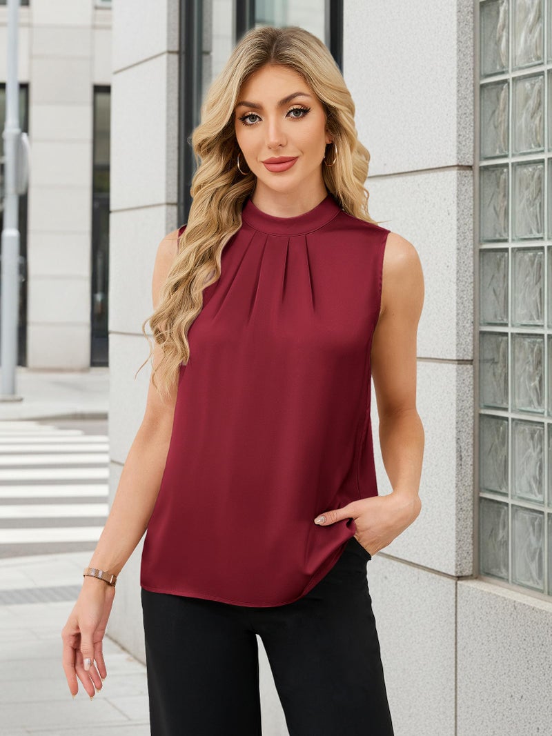 Funlingo Silk Satin Tank Tops for Women Spring Sleeveless Dressy Casual Tunic Blouse Ladies Trendy Work Shirt Business Outfits Wine Red XL - Image 2