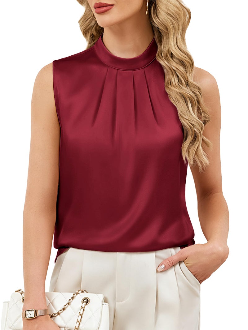 Funlingo Silk Satin Tank Tops for Women Spring Sleeveless Dressy Casual Tunic Blouse Ladies Trendy Work Shirt Business Outfits Wine Red XL - Image 1