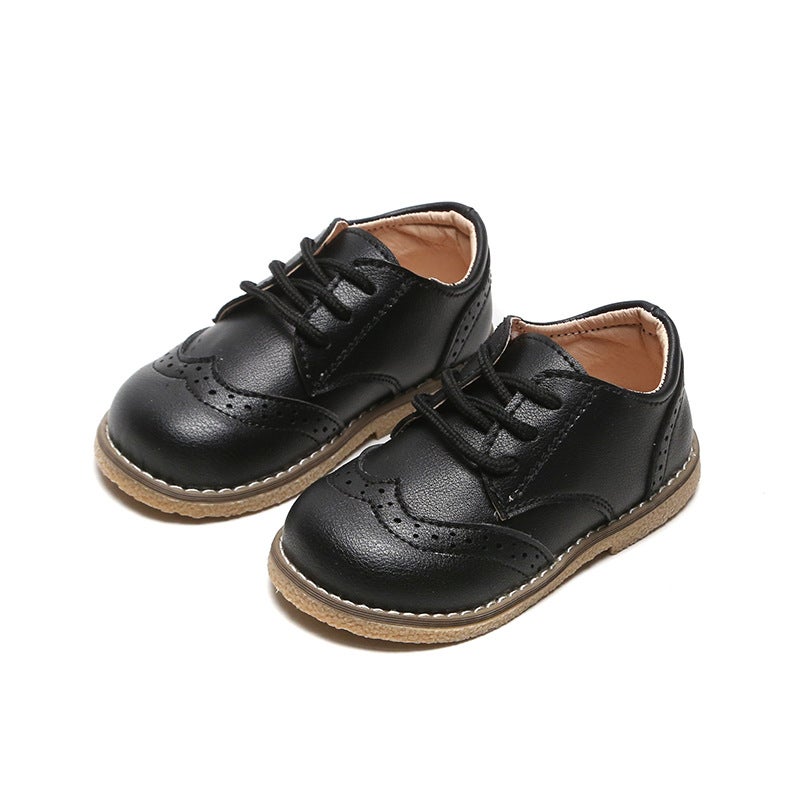 Boys Leather Shoes British Style Spring 2024 Soft Sole Kids Sneakers Black 