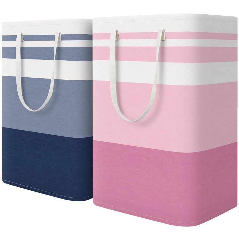 HomeHacks 2 Pack Large Laundry Baskets, Waterproof, Freestanding Laundry Hampers, Collapsible Clothes Hamper with Reinforced Handles in Laundry, College Dorm, Bathroom, Bedroom (Blue+Pink, 75Lx2) - Image 1