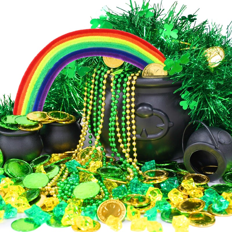 Seifar 329 Pcs St. Patrick's Day Cauldron Kettle Set, Shamrock Gem Plastic Coins Beaded Necklaces Pipe Cleaner Shamrock Garlands for St Patricks Day Decorations Party Favor Table Decor Centerpiece - Image 1